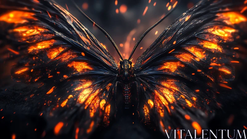 Molten orange butterfly with ember-like wings in darkness.