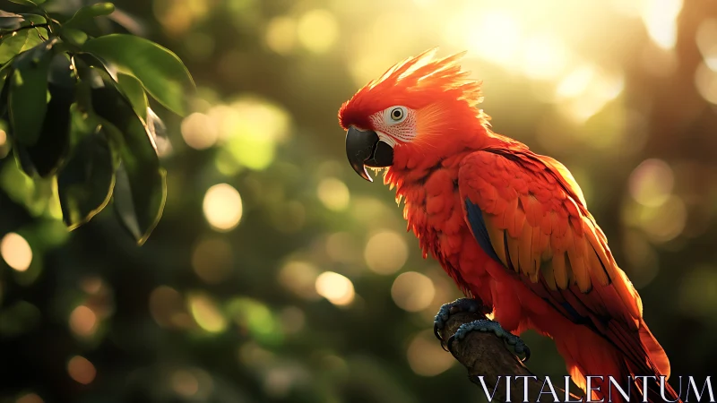 Vibrant Scarlet Macaw Perched in Sunlit Jungle, Photorealistic Style.