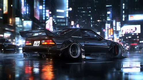 Widebody drift car renders under neon-lit rain with reflective shaders