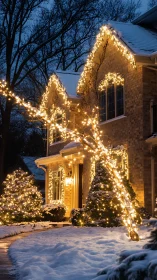 Cozy brick home glowing with winter holiday lights at dusk.