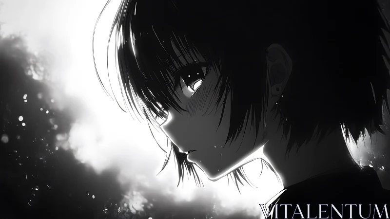 Monochrome side profile of short haired anime character.