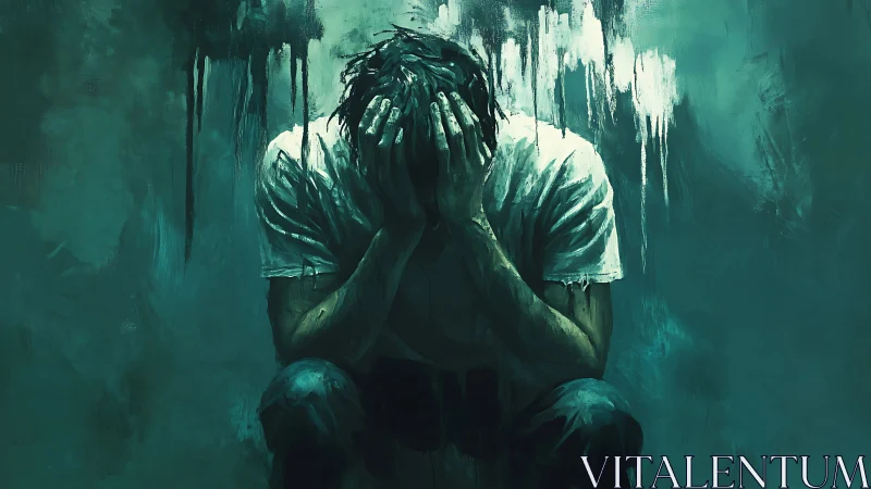 Solitary crouched figure in teal abstract emotional space