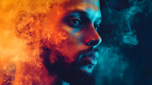 Calm portrait framed by swirling fire and cool blue smoke.