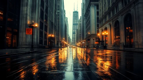 Gilded rainlit avenue echoing through a quiet glass canyon.