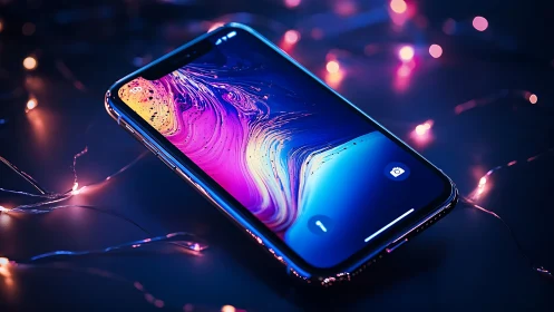 Neon-lit smartphone dreaming in cosmic gradient glow.