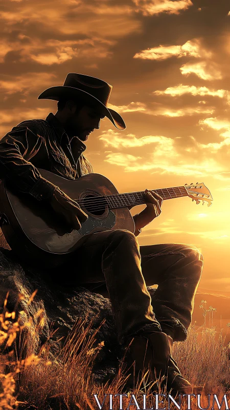 Cowboy silhouette playing guitar under glowing sunset sky.