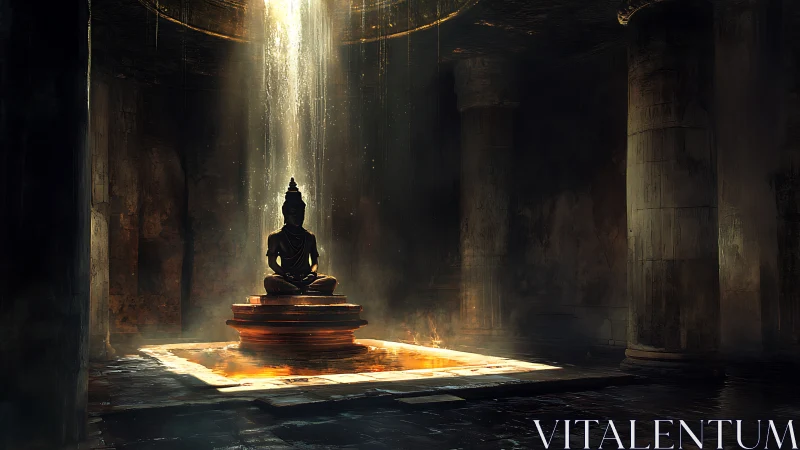 Silent bronze guardian under a falling column of light.