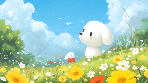 Puffy cloud pups trade quiet secrets in a blooming meadow