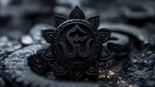 Black circular emblem with stylized glyph rests on textured surface