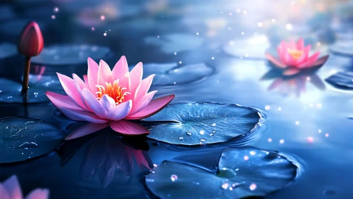 Luminous petals drift through twilight waters. Waterlilies enchant.