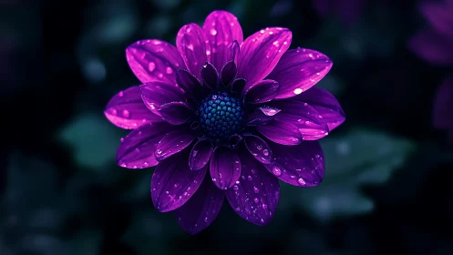 Glowing Purple Bloom Glistens With Morning Dewdrops.