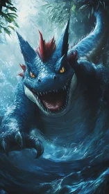 Blue aquatic dragon lunges forward through crashing water.