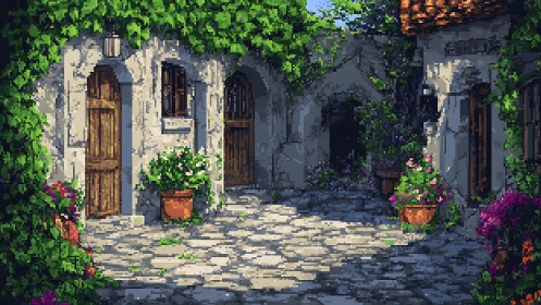 Sunlit pixel village courtyard glows with vines and flowers