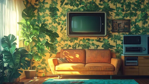 Retro living room with vintage CRT display and dense foliage walls