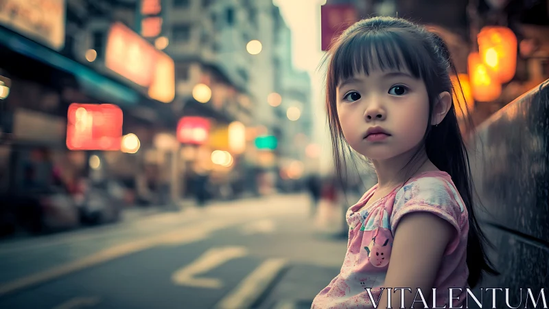 Photorealistic portrait of a child in neon city streetscape.