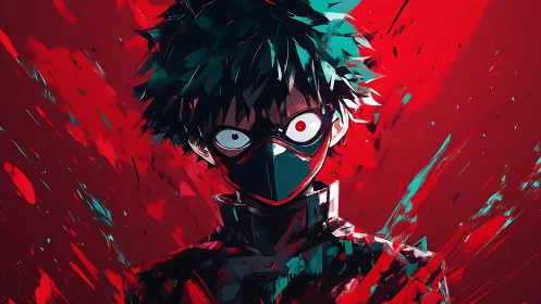 Masked anime character in red and teal abstract background.