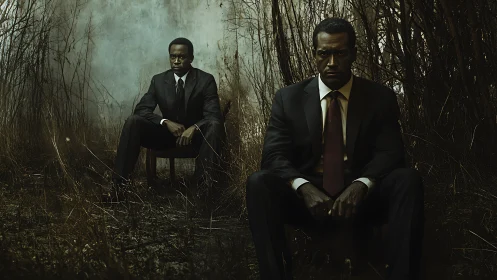 Brooding businessman duplicates sit in overgrown wasteland