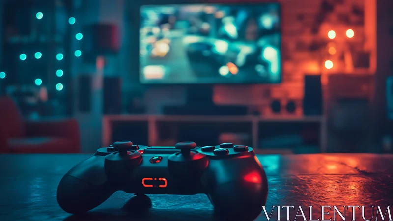 Game controller close-up in neon-lit immersive lounge.