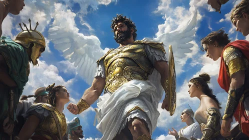 Winged armored leader encircled by classical soldiers, sky.