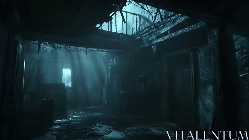 Moonlit dust dances through a ruined, sea-damp hallway