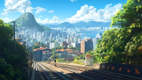 Hillside tram descending toward bright coastal city panorama.