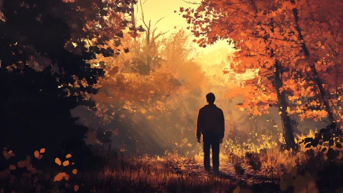 Solitary figure walking through sunlit autumn forest path.