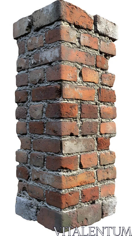 Weathered red brick corner column stands under bright light