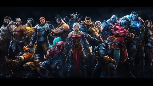 Heroic fantasy champions stand united in bold battle-ready line