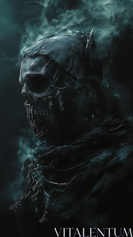 Smoky hooded skeletal wraith in cinematic teal rim lighting