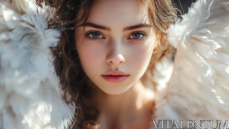 Angelic girl gazes ahead with luminous wings framing her face.