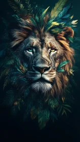 Regal lion with heterochromia emerges from lush jungle foliage.