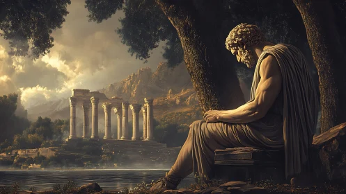 Digital painting of contemplative statue in classical ruin landscape.
