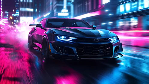 Black muscle car races through neon drenched cyberpunk city