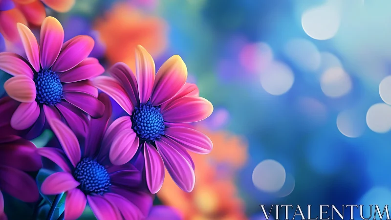 Magenta daisies bloom against blurred bokeh backdrop.