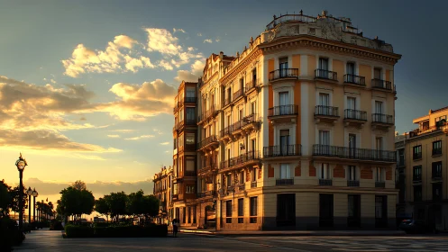 Golden hour city corner captures warm European architecture