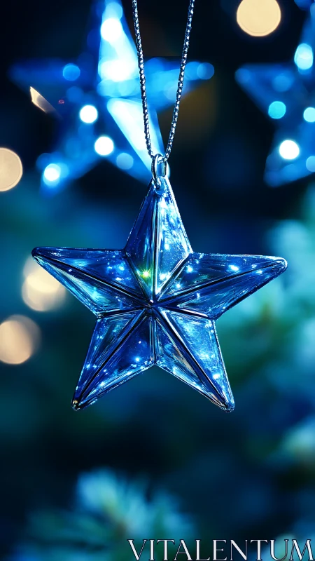 Blue glass star ornament with defocused lights background.