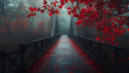 Moody forest bridge leads into mist beneath crimson leaves