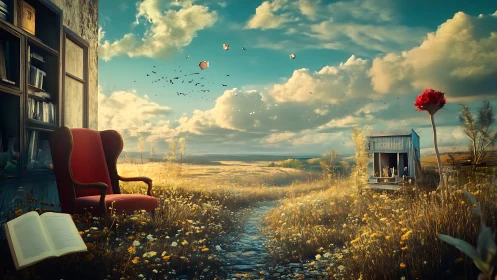 Storypath through the wildflower field of drifting books.