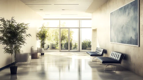 Modern corridor with seating, indoor plants and wall art.