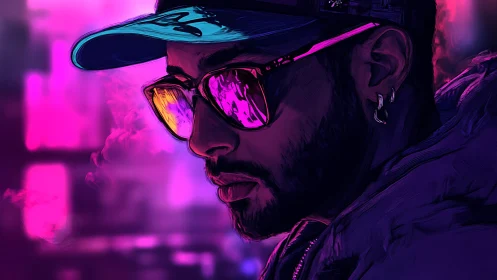 Neon-lit cyber-noir portrait isolates reflective urban gaze