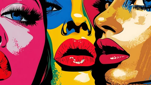 Chromatic kiss chorus of glossy lips and neon gazes.