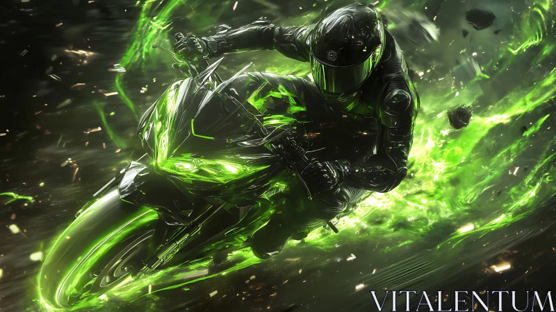 Neon storm rider carving emerald lightning through night.