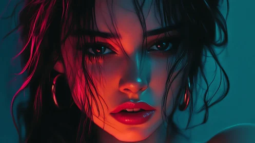 Digital portrait shows close-up female face with dual lighting