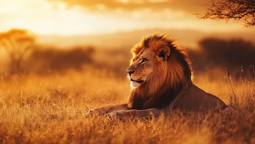 Golden-hour lion rests calmly in warm African grasslands