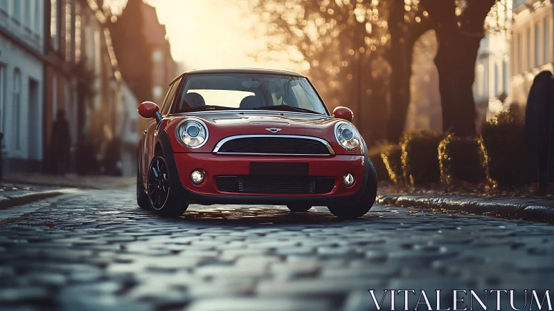 Sunlit red city car resting on quiet cobblestone street.