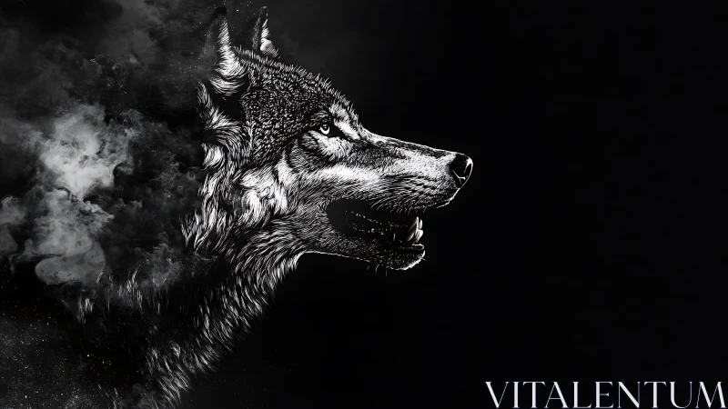 High-contrast monochrome wolf profile dissolving into smoke