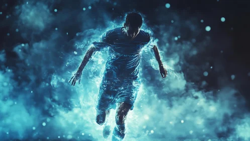 Digital rendering shows soccer player emerging through blue mist