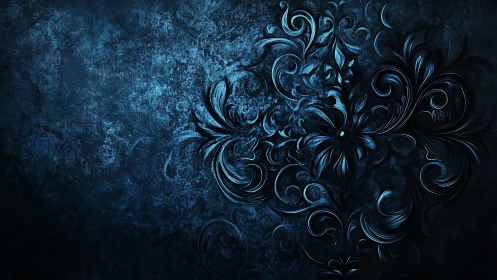 Midnight baroque flourishes on textured sapphire canvas.