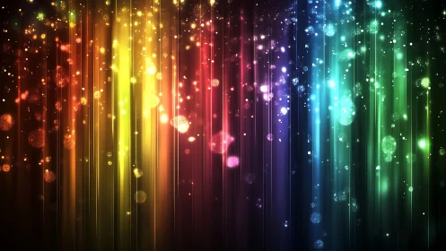Vibrant rainbow light beams with glowing bokeh in abstract style.