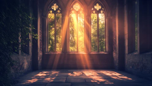 Golden morning light in a quiet ivy-touched stone hall.